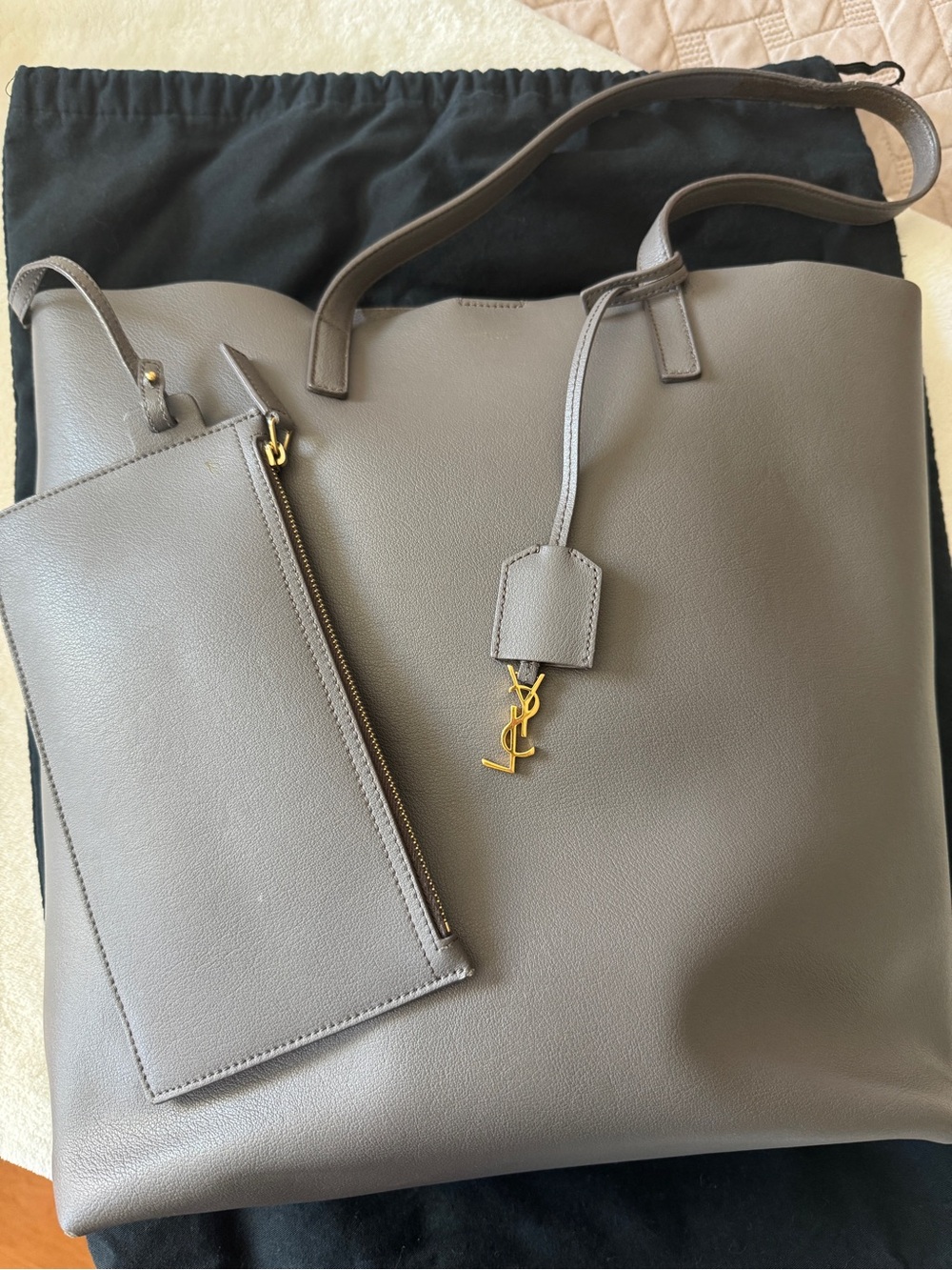 Shopping Saint Laurent Taupe Leather Tote with Removable Pouch